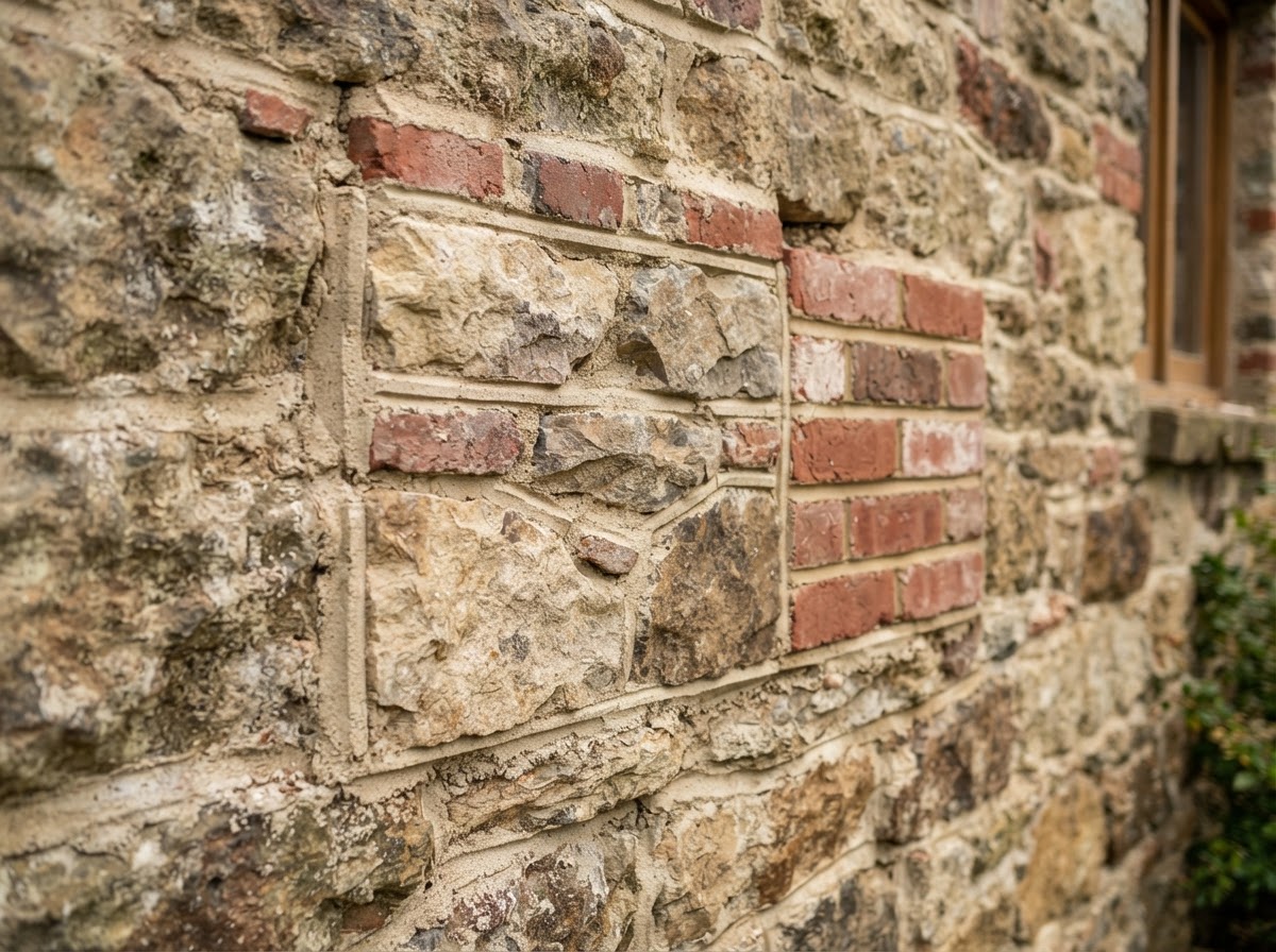Close-up of professional stone and brick repair with clean mortar joints