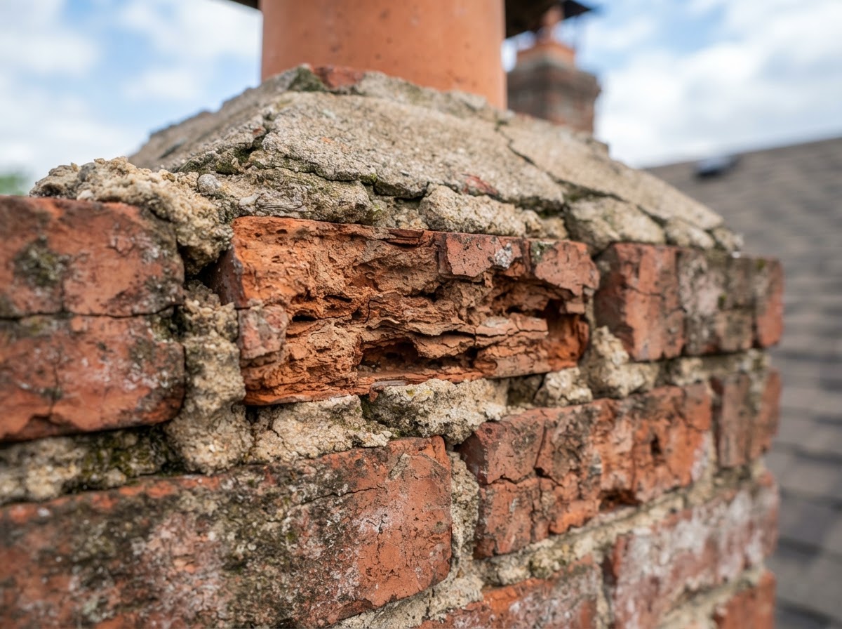 Spalled chimney brick and eroded mortar joints deteriorated by freeze-thaw exposure