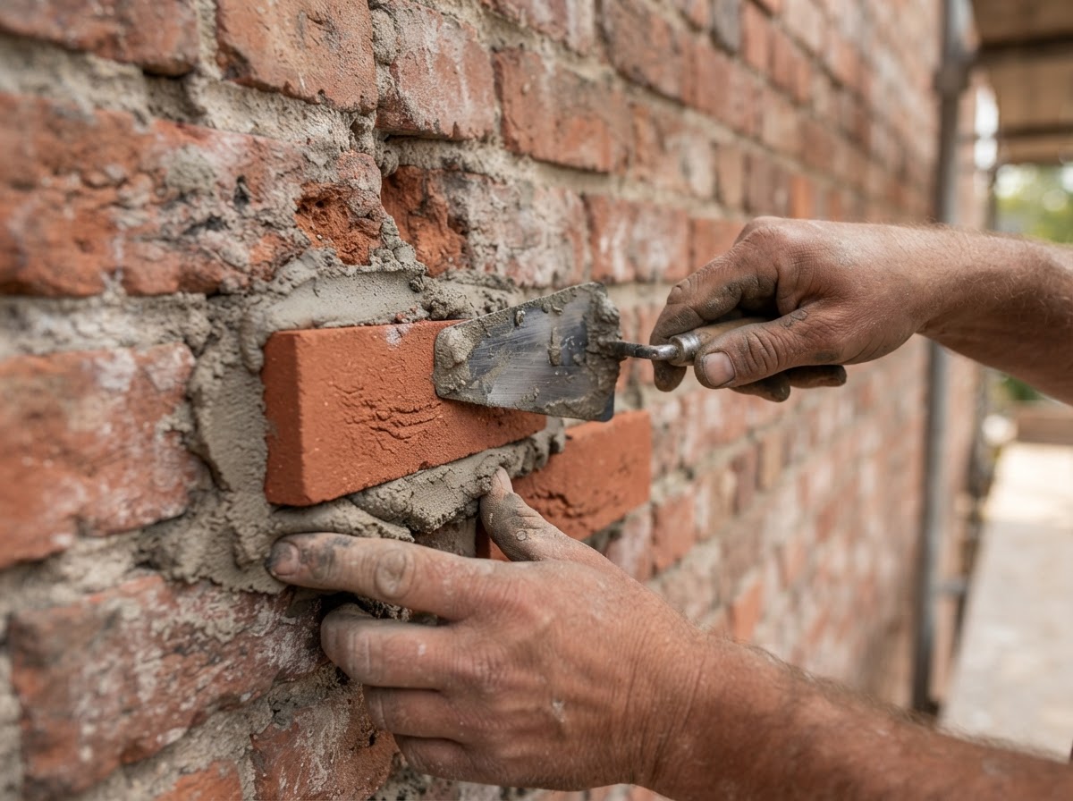 Mason replacing a spalled clay brick with fresh mortar on an Ames home