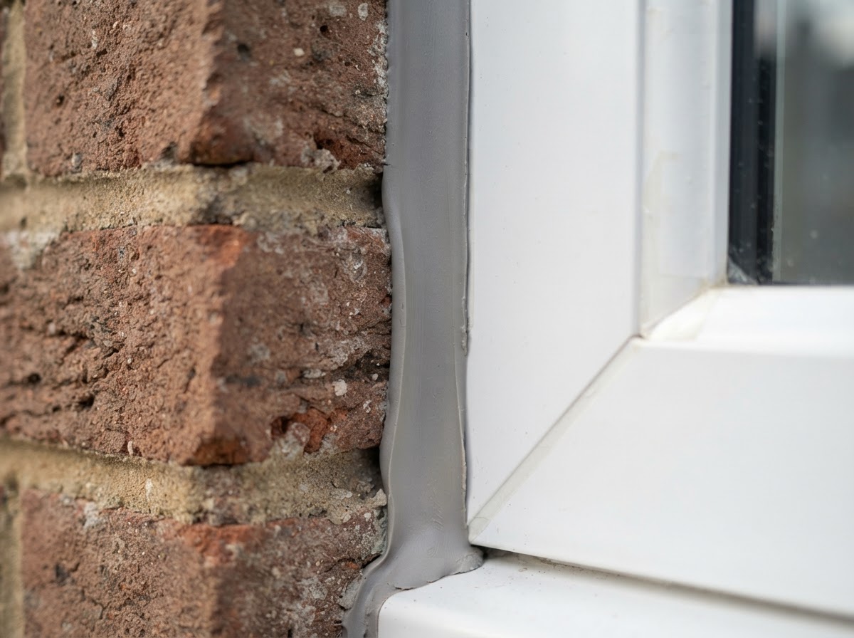 Finished tooled elastomeric sealant joint at a masonry-to-window transition with clean concave finish