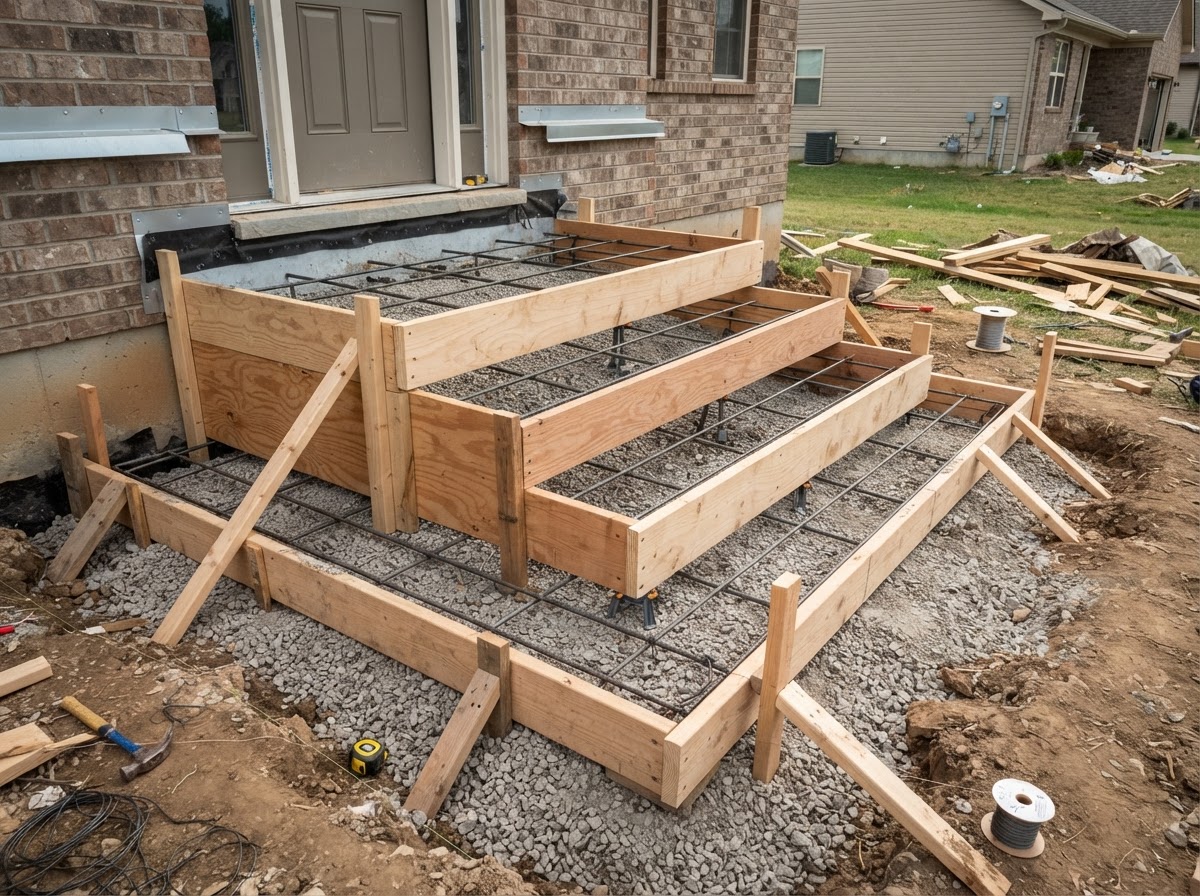 Step and landing form preparation for a concrete pour at an Ames area entry