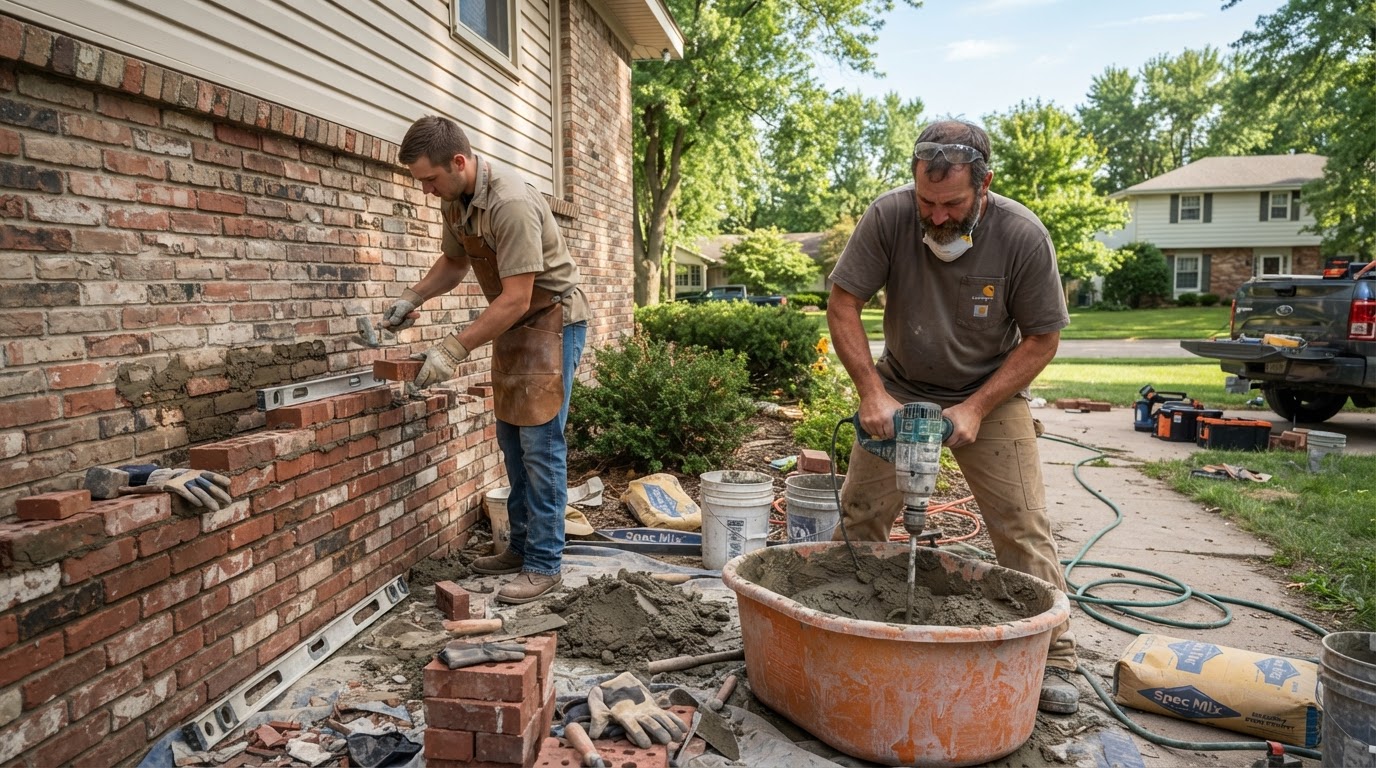 Masonry crew collaborating on a brick wall repair with mortar and tools