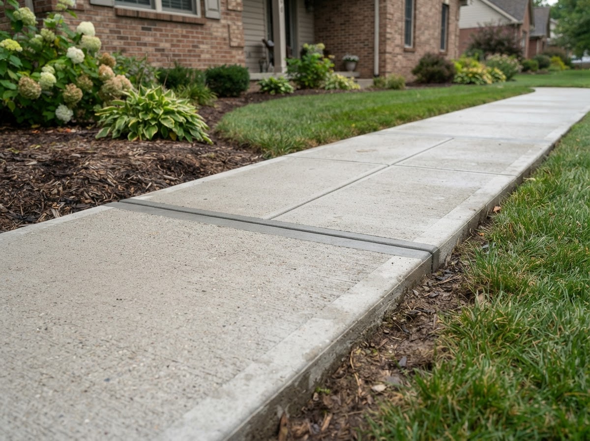 Concrete sidewalk with tooled control joints and expansion joints in a finished residential walk