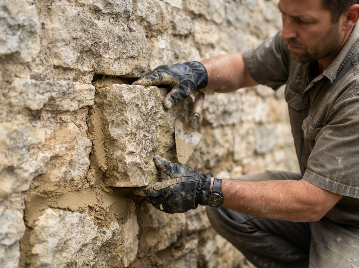 Mason resetting a loose limestone unit in compatible mortar on a natural stone wall, showing careful positioning