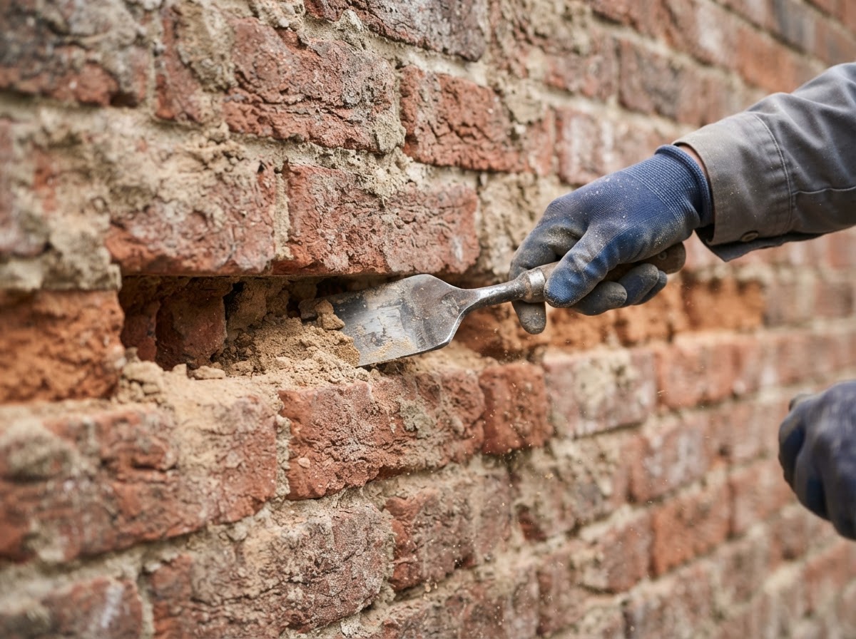 Mason raking out deteriorated mortar from brick joints with a hand tool, showing proper removal depth