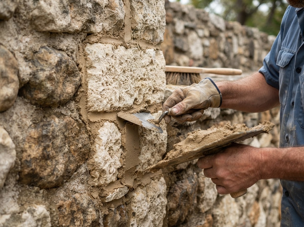 Mason repointing natural stone joints with compatible mortar on a limestone wall