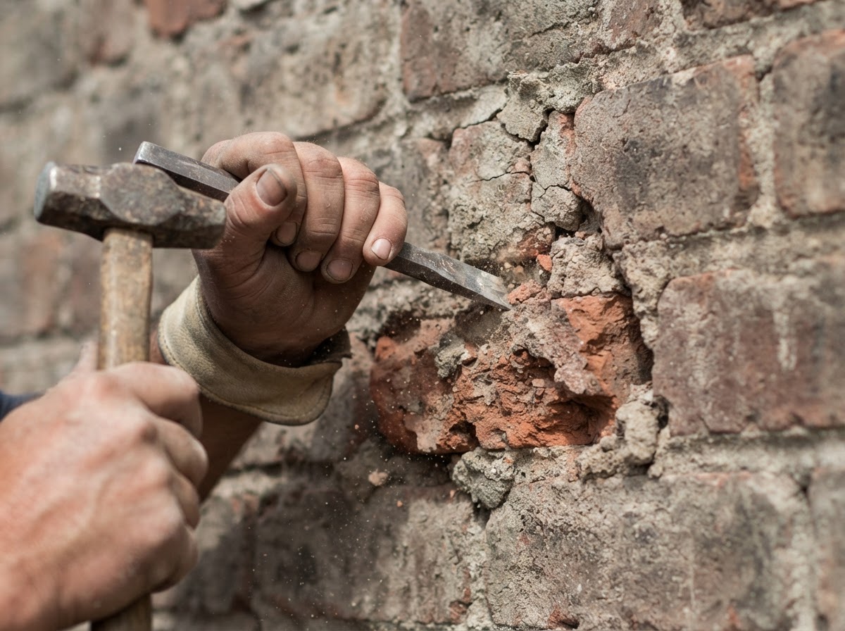Mason removing and replacing spalled clay brick on an exterior wall in Nevada