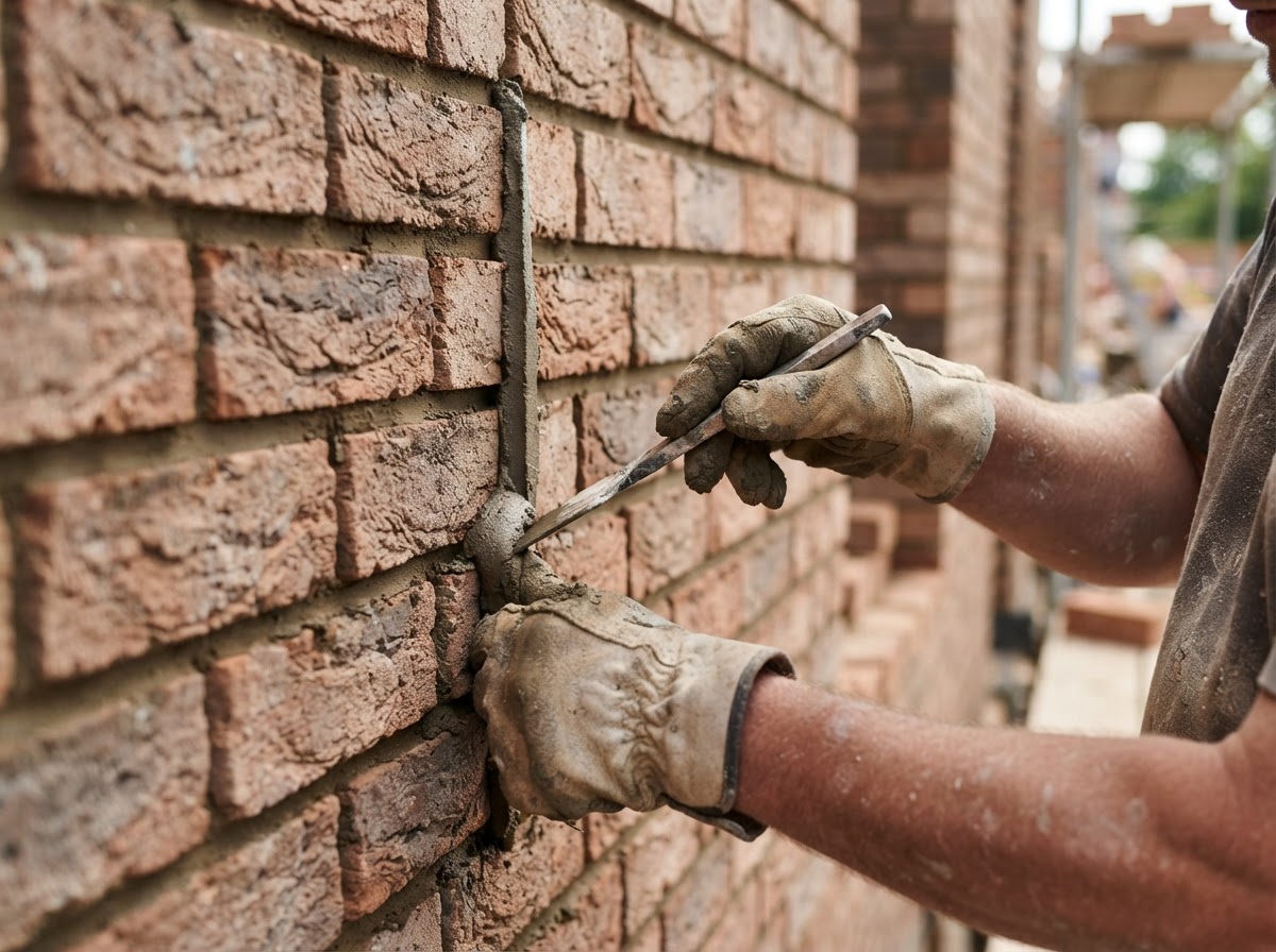 Mason tooling fresh mortar joints around newly installed replacement brick with a pointing tool