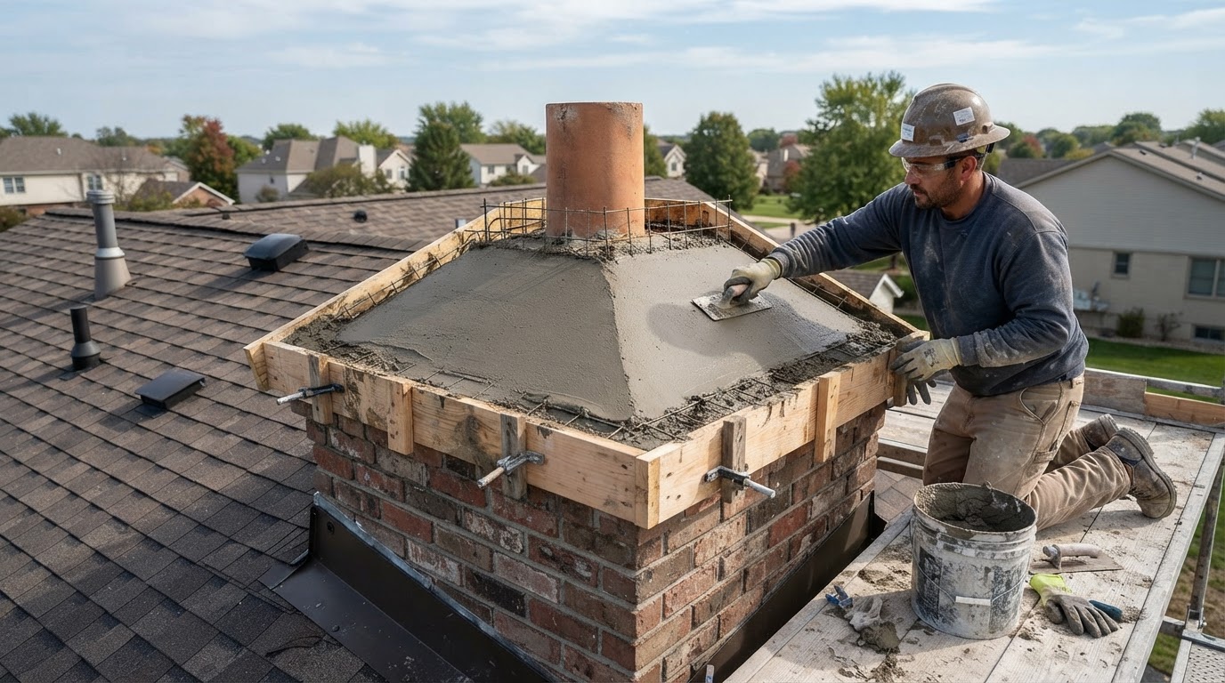 Forming and placing a sloped concrete chimney crown on a Nevada home
