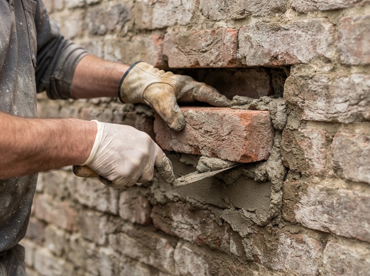 Mason resetting a loose brick in a wall cavity with fresh compatible mortar