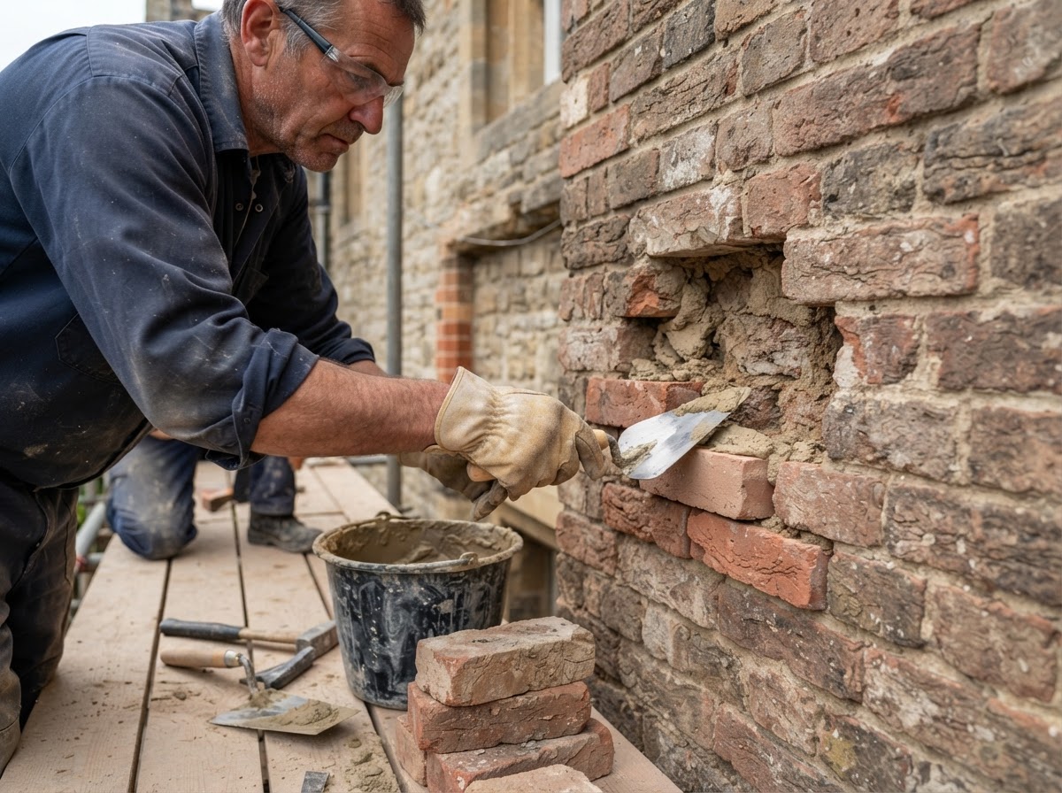 Mason performing localized masonry wall rebuilding, showing a section of brick wall being rebuilt with compatible units