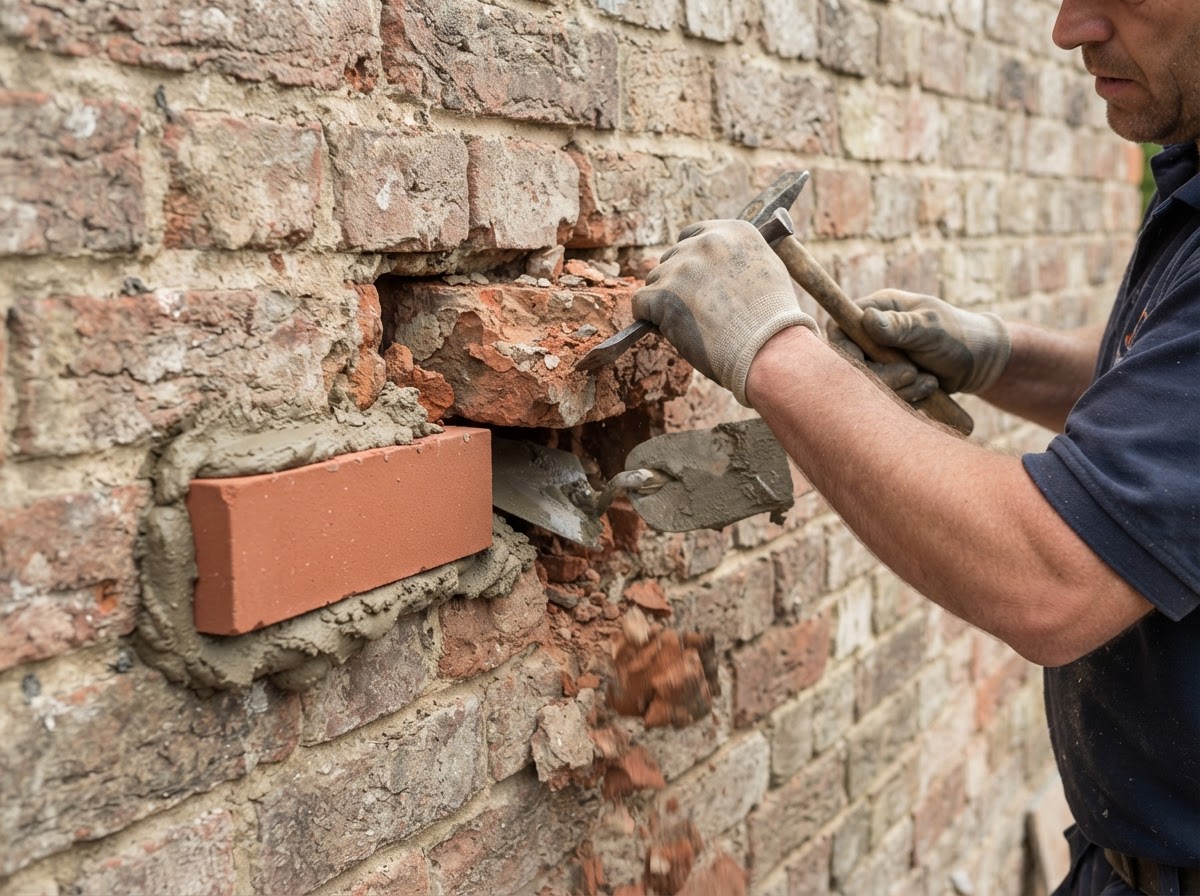 Mason replacing a spalled clay brick with a matching unit and fresh mortar on an Ames home