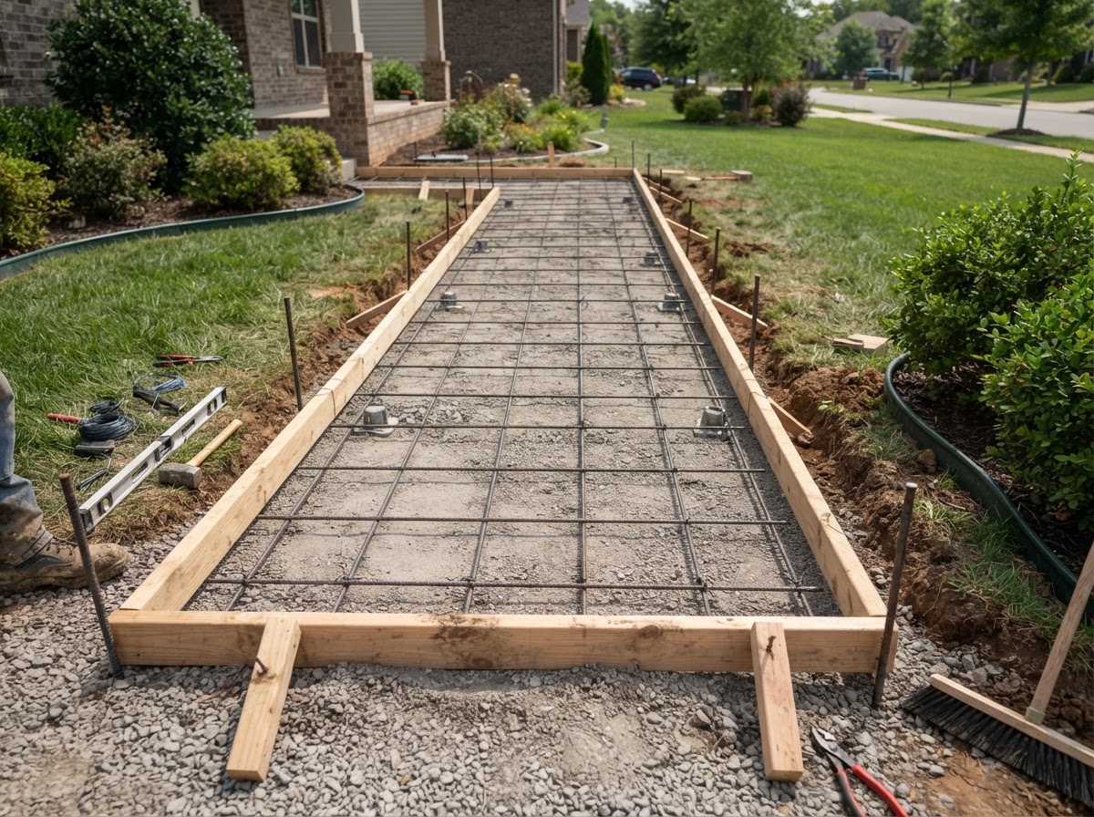 Sidewalk form and base preparation for a concrete pour in the Ames area