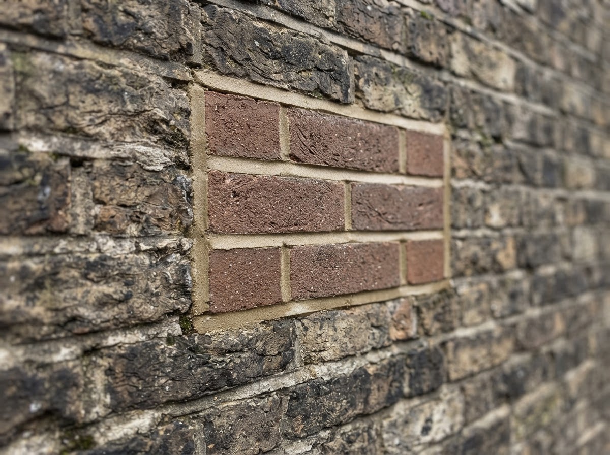 Mixed brick replacement and repointing on a weathered wall, showing new compatible brick set alongside existing brick