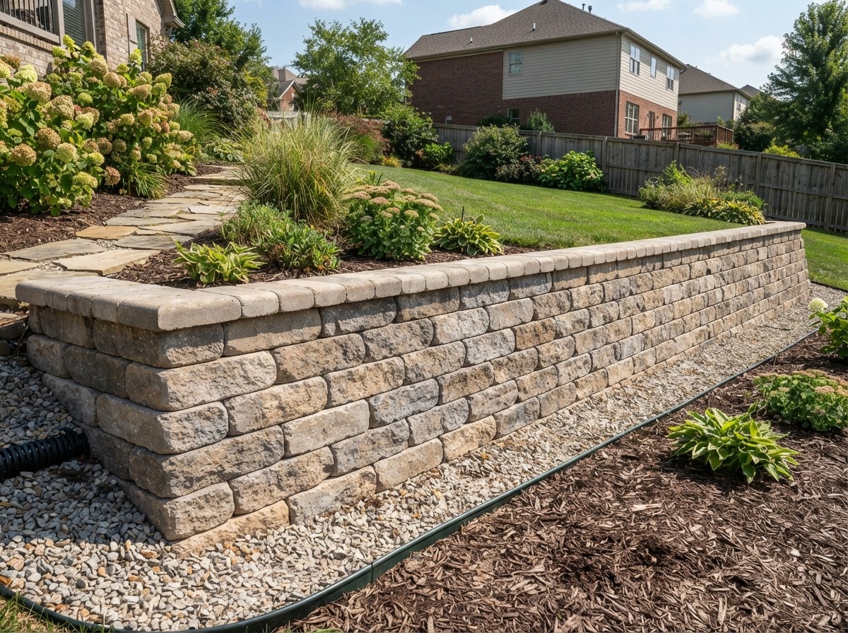 Completed segmental retaining wall with clean block courses, cap block, and proper batter