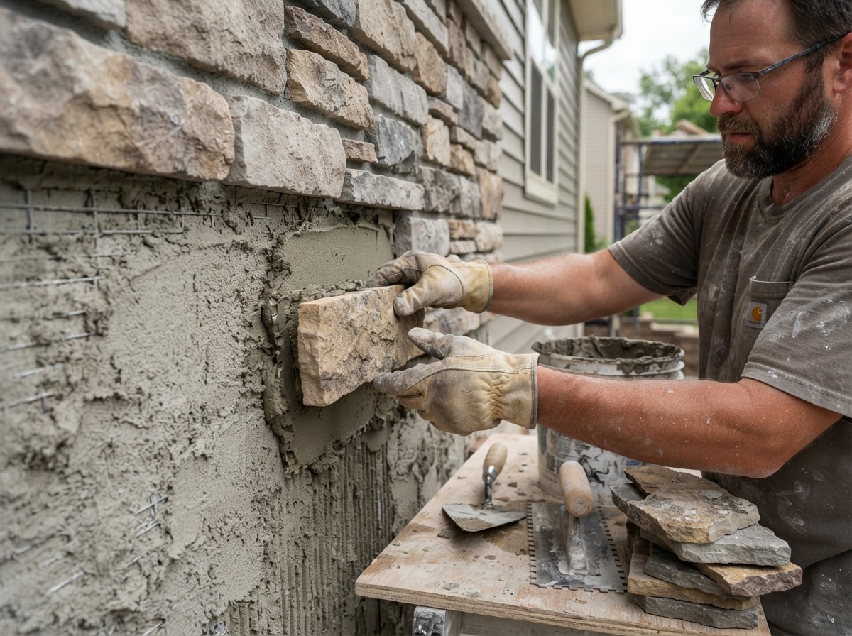 Mason installing manufactured stone veneer pieces over a scratch coat with mortar on an exterior wall