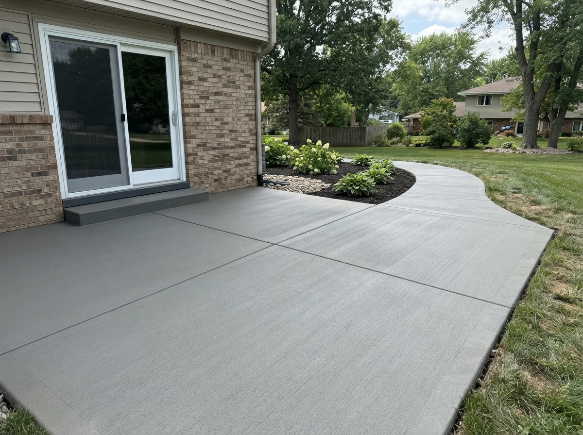 Completed concrete patio with door and walkway transition on an Ames area property