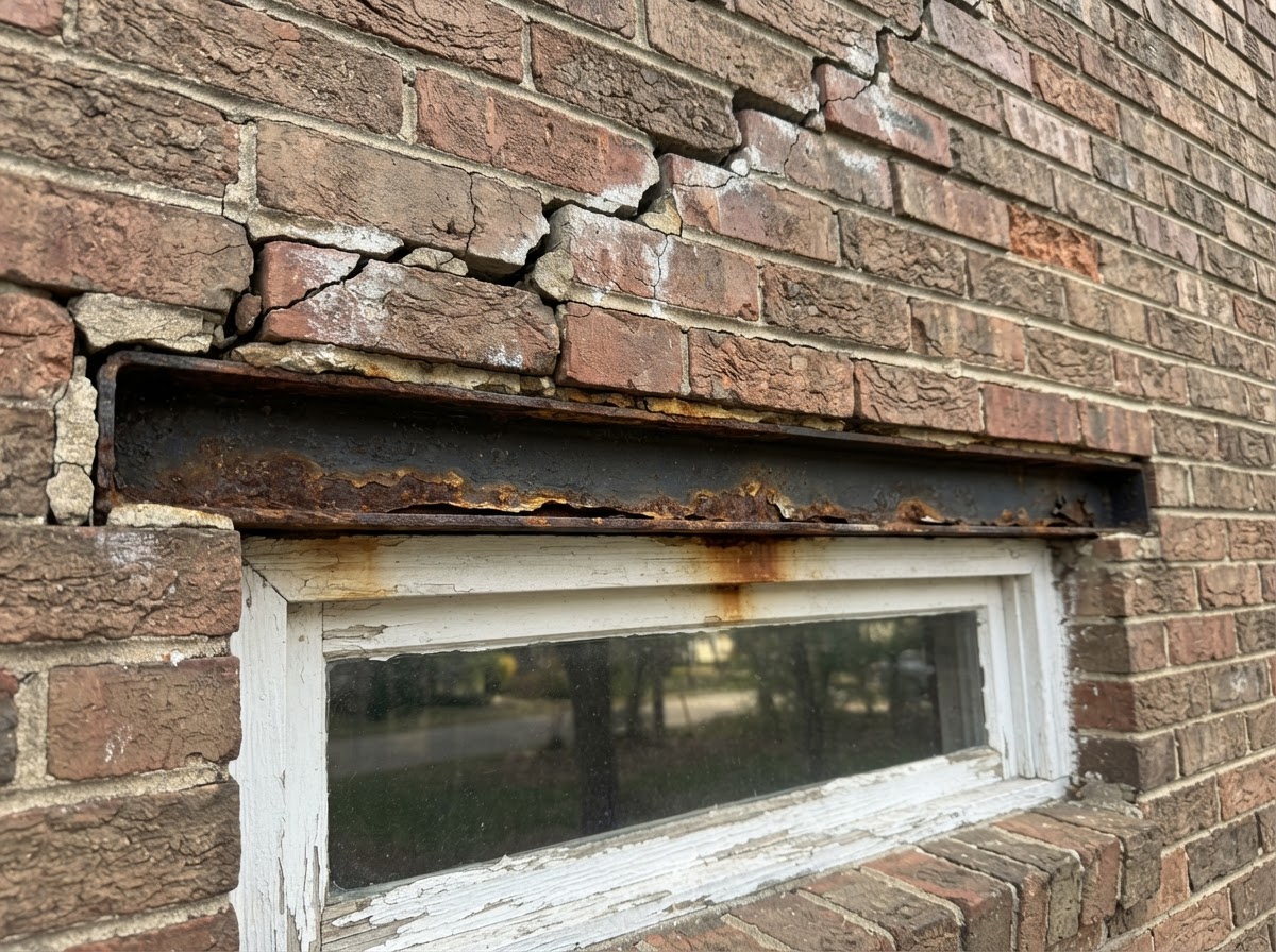 Rust staining and stair-step cracking above a window opening in brick veneer, showing lintel deterioration