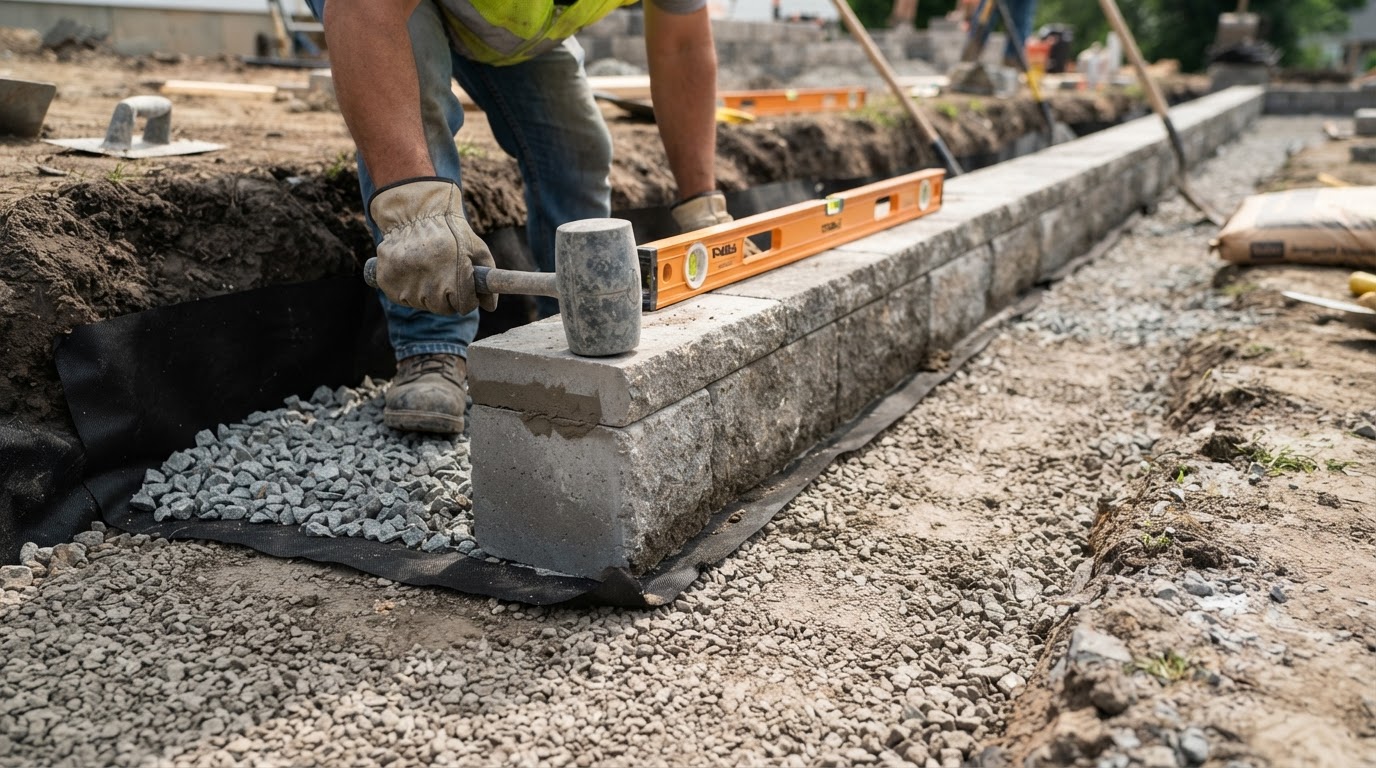 Setting base course segmental blocks on a compacted aggregate trench in Nevada