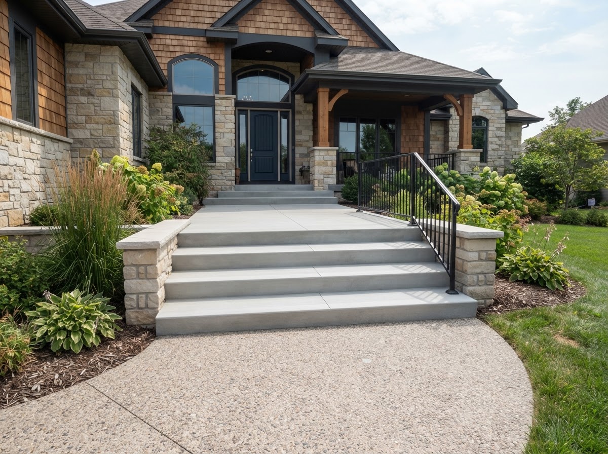 Finished concrete steps tied to a walkway and entry on an Ames area property