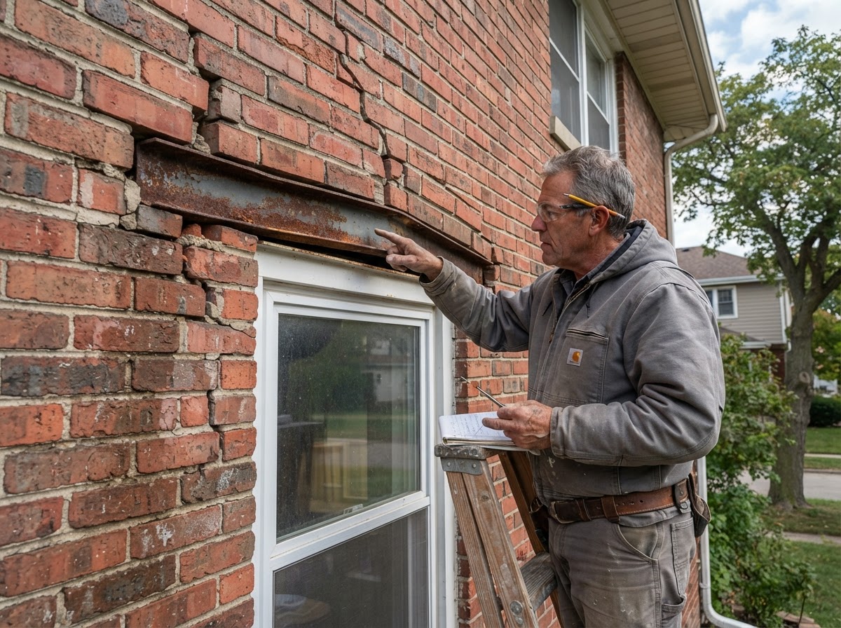 Mason inspecting cracking and displacement above a window opening where a steel lintel is implicated