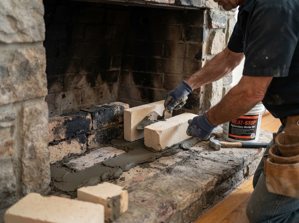 Mason repairing firebox brick with refractory brick and high-temperature mortar inside a fireplace