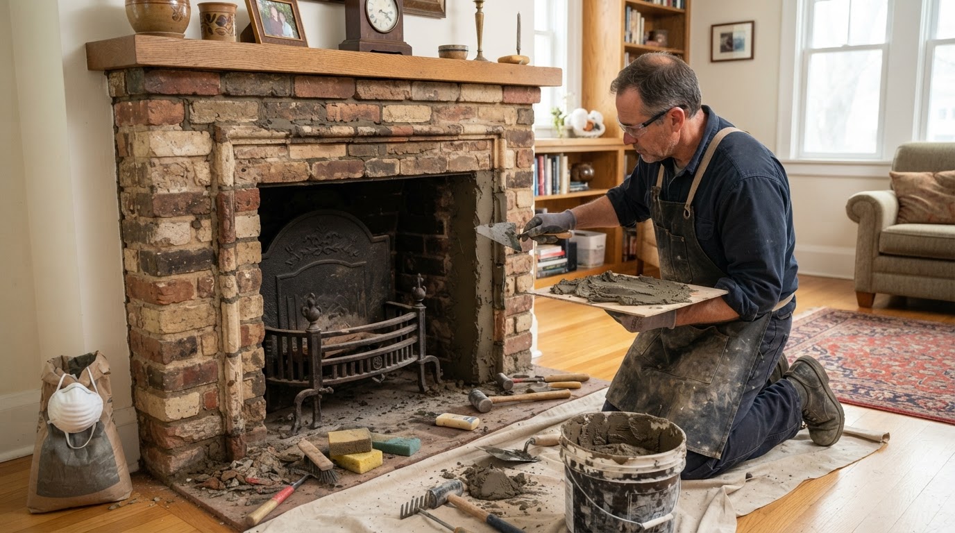 Brick hearth and surround repair showing a mason repairing a brick hearth and surround with compatible masonry