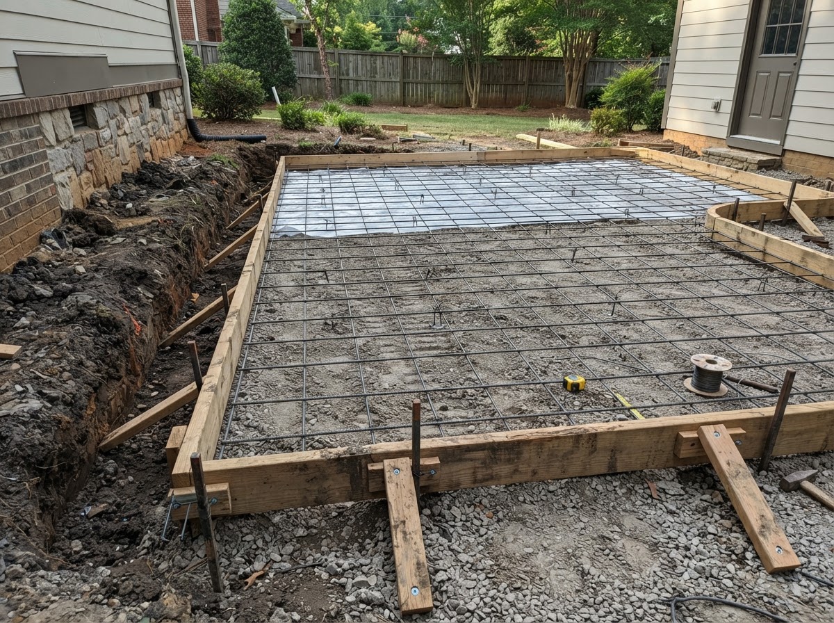 Patio form and base preparation for a concrete pour in the Ames area