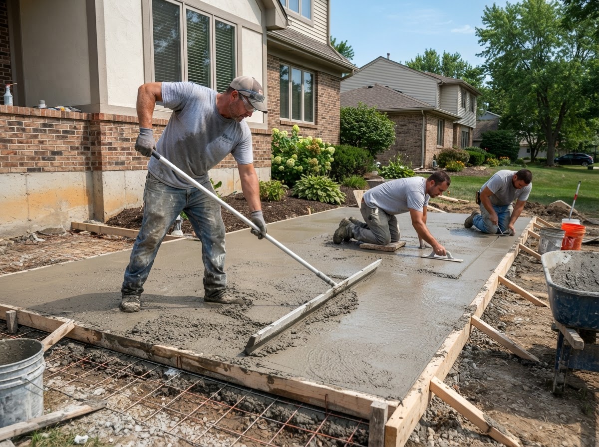 Concrete patio placement and finishing with screeding, floating, and tooled control joints