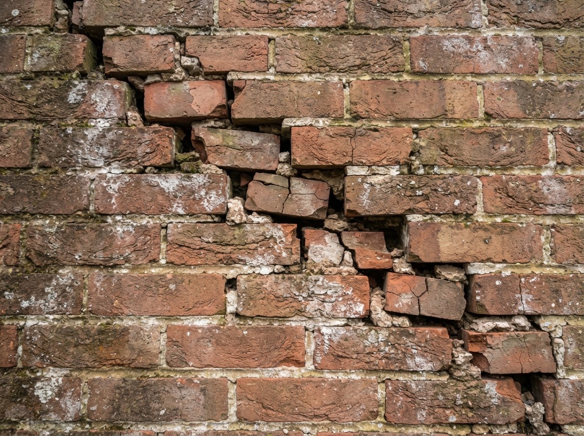 Cracked and loose brick masonry wall section with visible stair-step cracking and deteriorated mortar joints