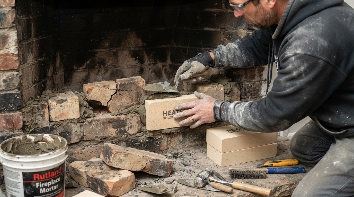 Firebrick and mortar repair detail showing a mason repairing firebox brick with refractory brick and high-temperature mortar