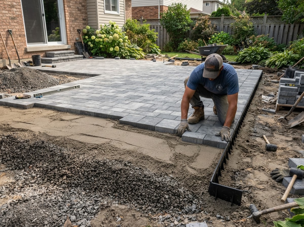 Paver patio installation showing compacted base, bedding layer, and concrete pavers being laid in pattern