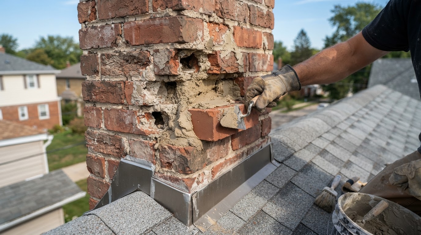 Replacing spalled chimney bricks and repointing joints on a Nevada roofline