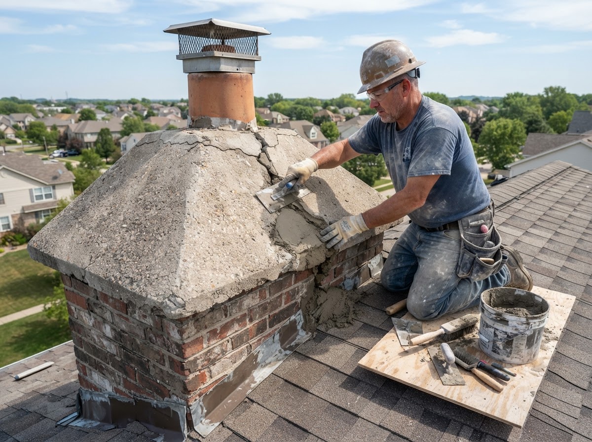 Mason repairing a cracked concrete chimney crown to shed water and protect the masonry below