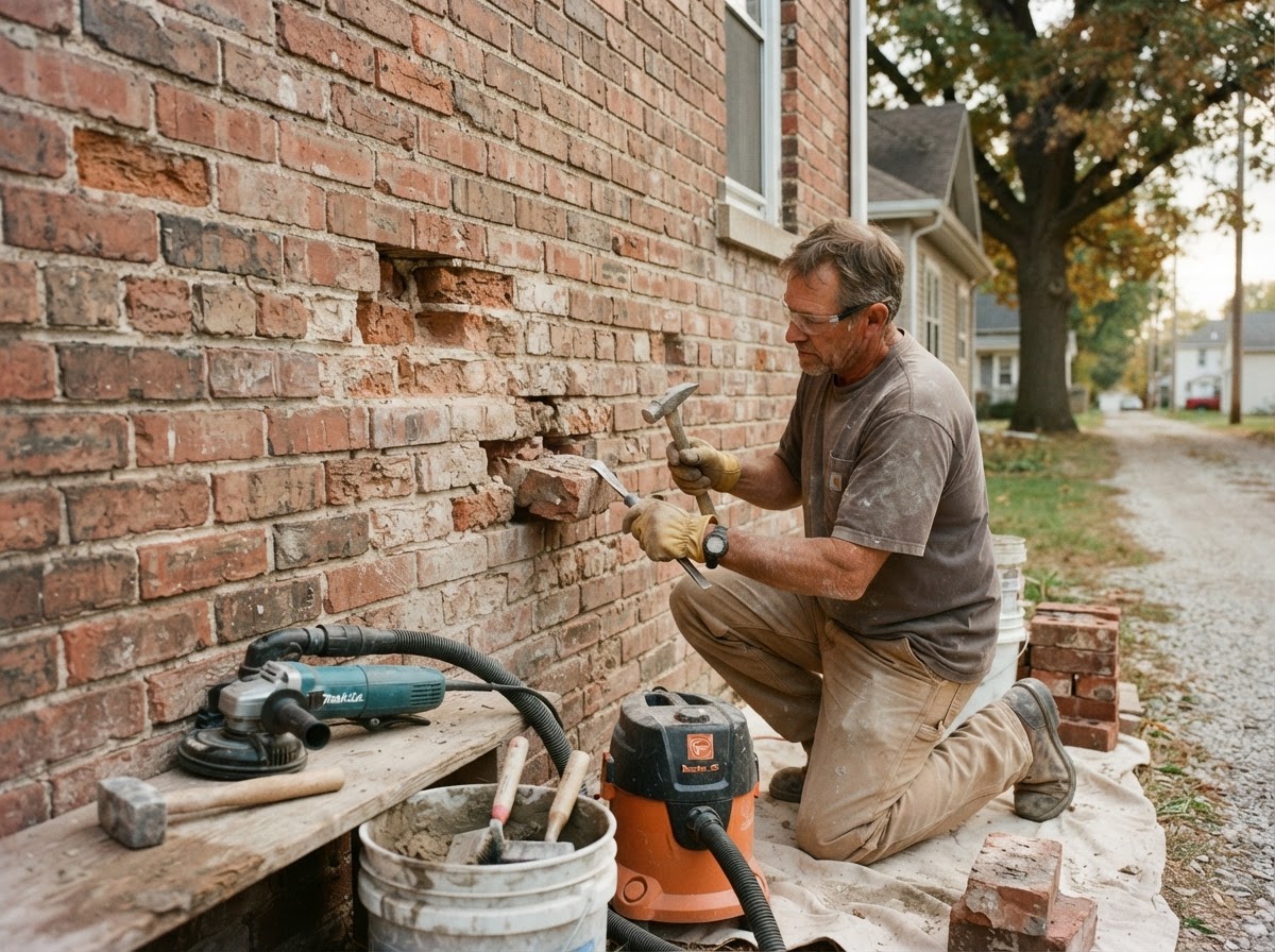 Selective brick repair and mortar matching on an older brick building in Nevada, IA