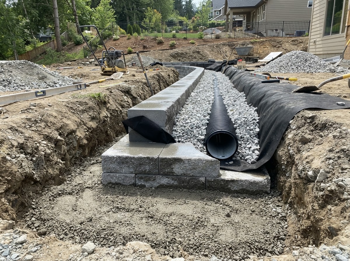 Retaining wall base and drainage aggregate installation with geotextile and drain pipe