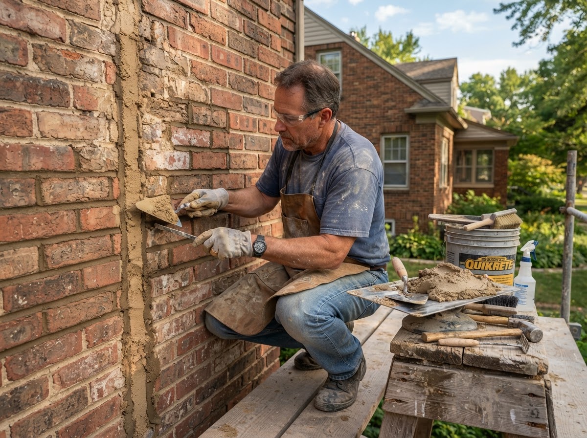 Mason repointing mortar joints with a pointing trowel on a brick wall