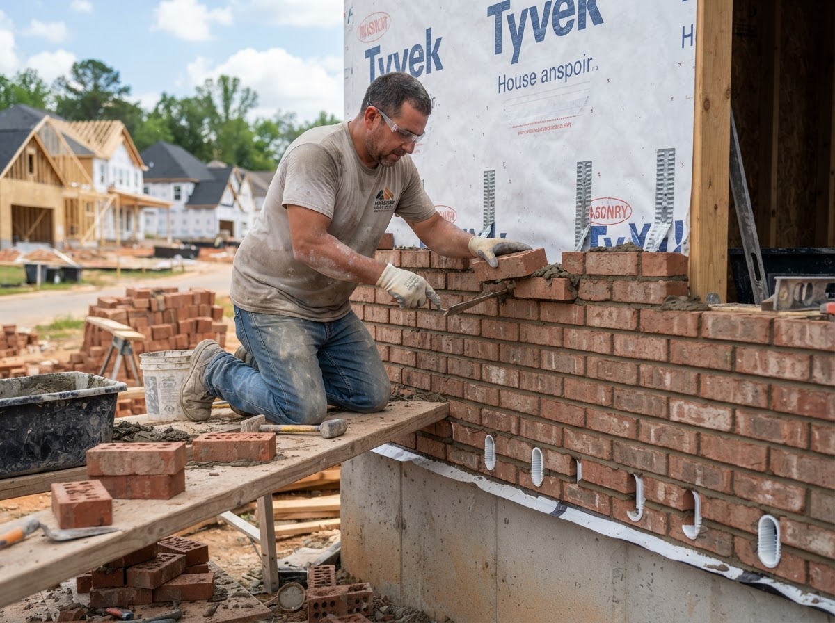 Mason laying clay brick veneer with tooled mortar joints and veneer anchor ties visible at the base
