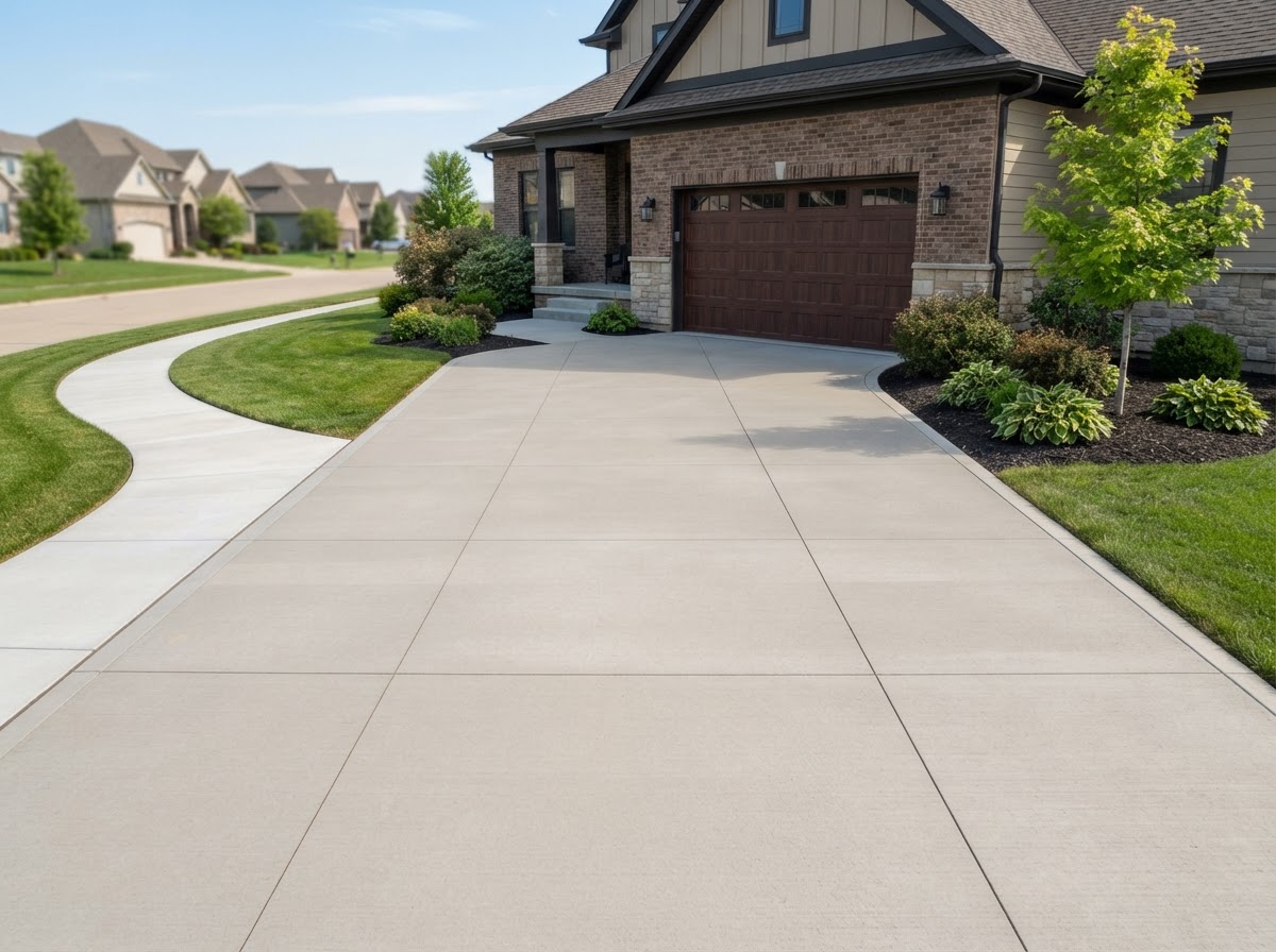 Control joint and garage transition detail on a finished concrete driveway in the Ames area
