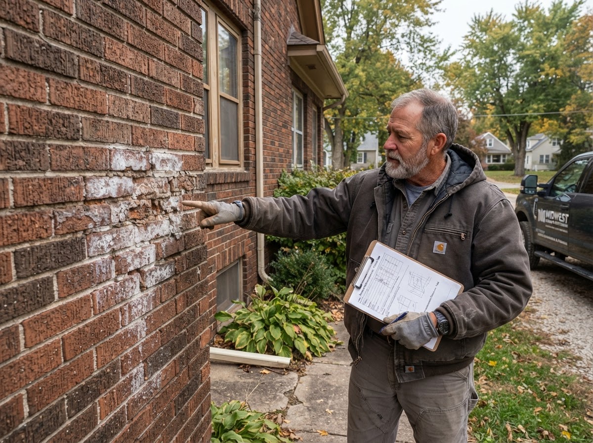 Mason performing brick and mortar repair work on a residential wall
