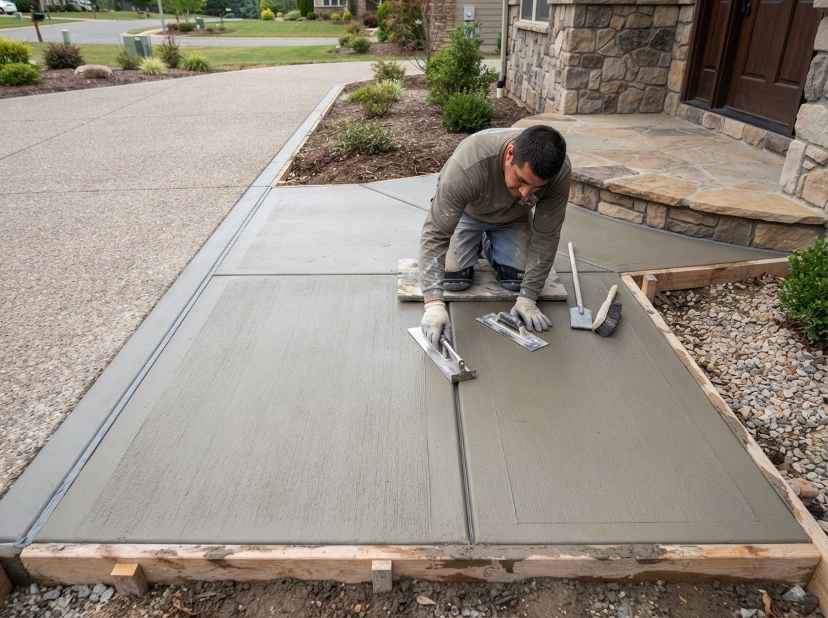 Concrete joint and finish detail on a residential sidewalk in the Ames area