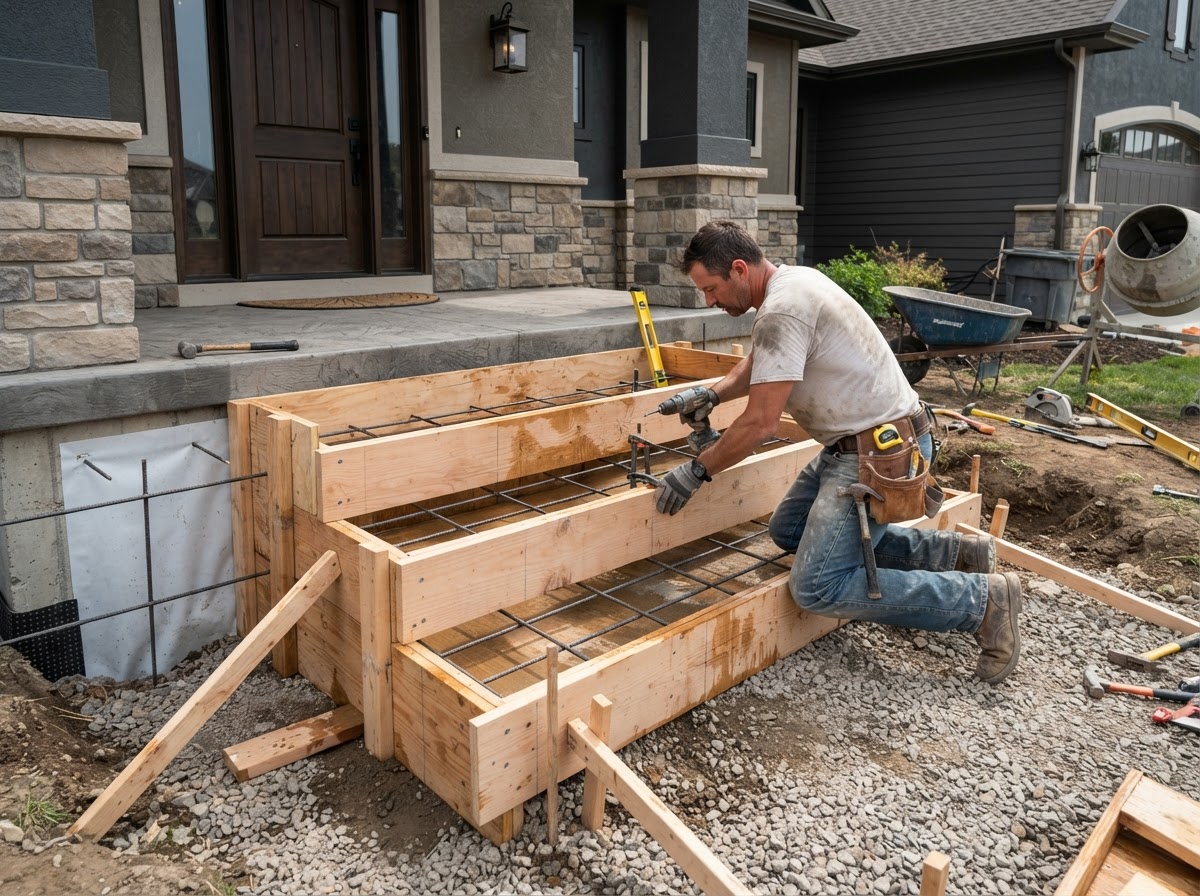 Concrete steps formwork with correct riser and tread dimensions and reinforcement for an entry