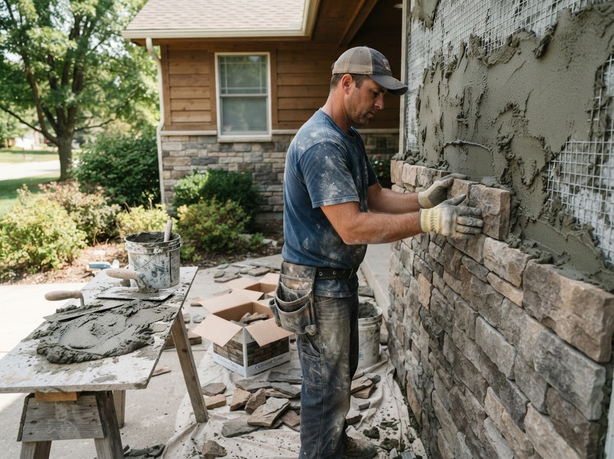 Applying mortar scratch coat and manufactured stone veneer to an exterior wall in Huxley