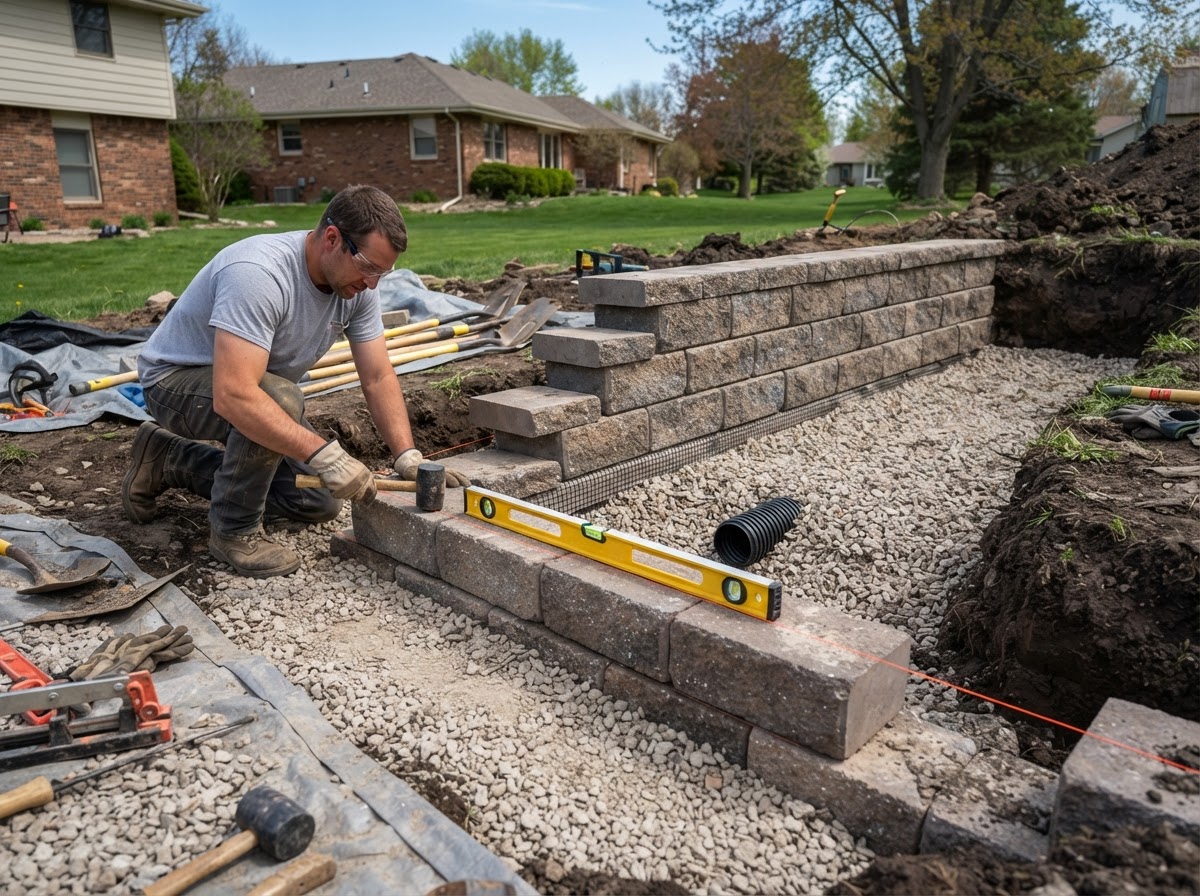 Retaining wall construction with concrete block and drainage aggregate base