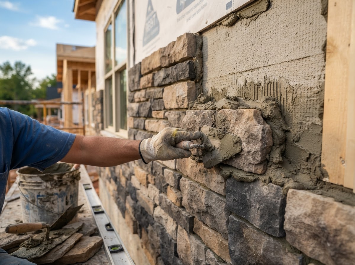 Mason installing manufactured stone veneer pieces with mortar on an exterior wall