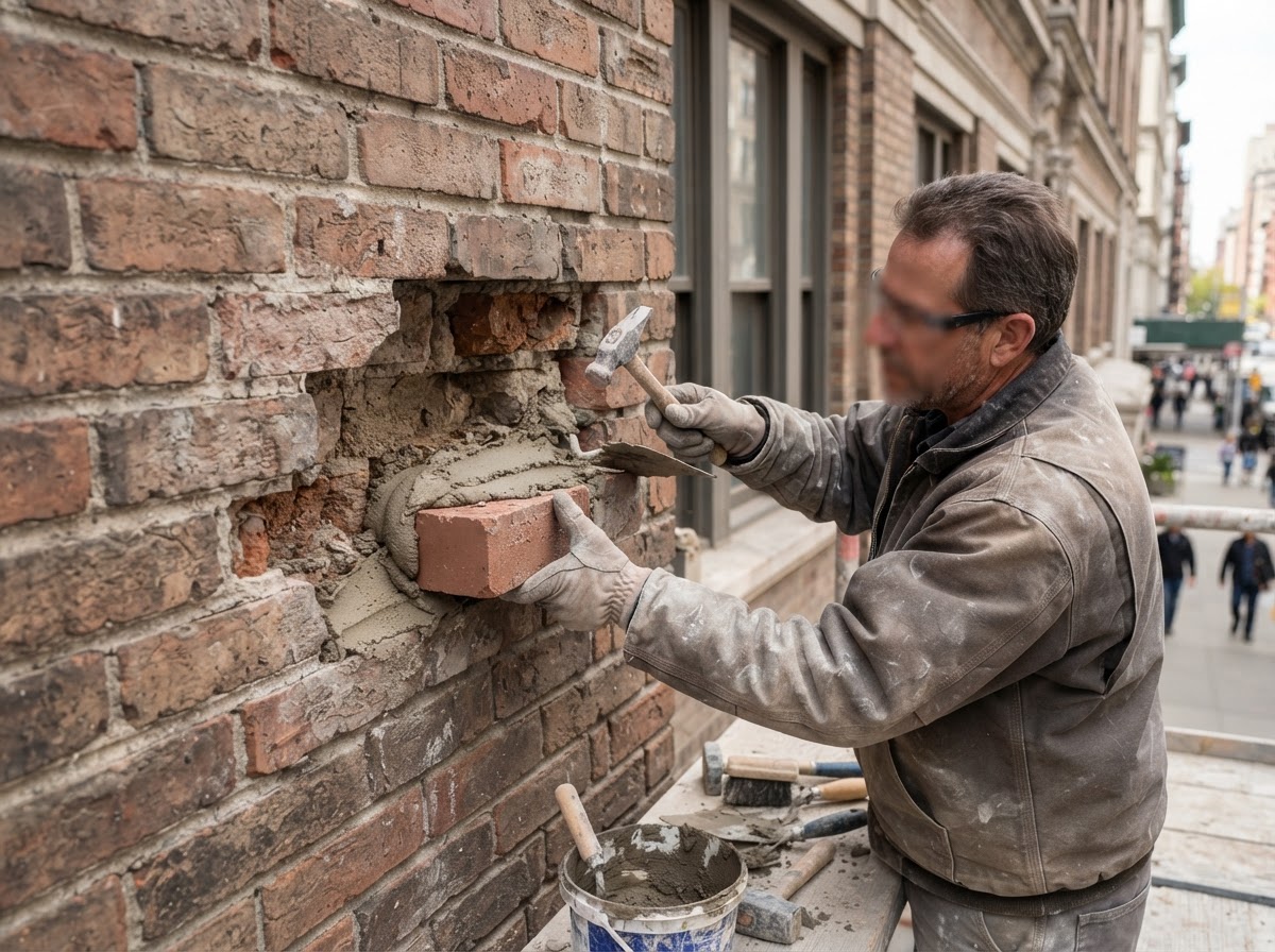 Mason selectively replacing a spalled brick unit on a commercial masonry facade