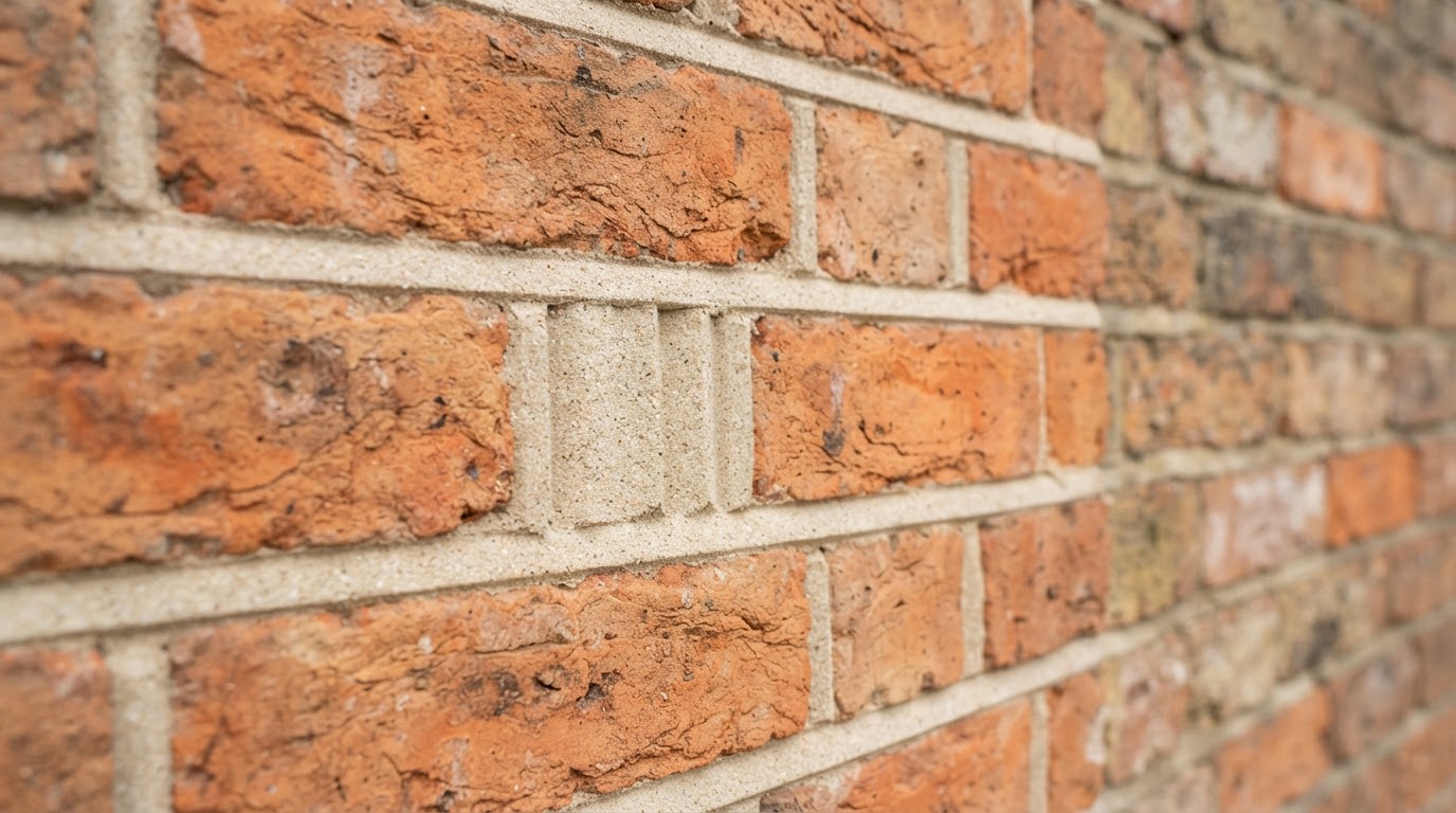 Raking out open mortar joints on an older commercial brick facade in Story City