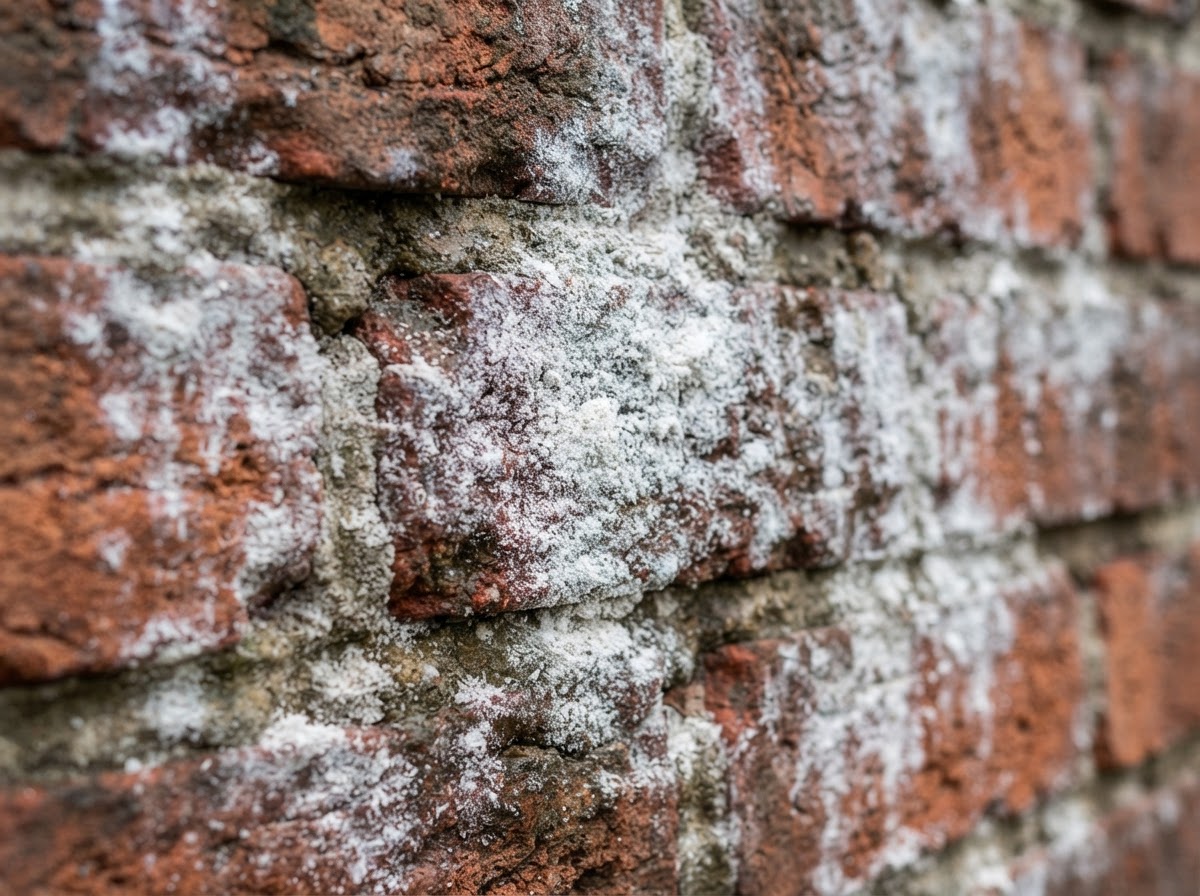 White efflorescence mineral deposits on a brick wall surface, showing powdery white staining on clay brick