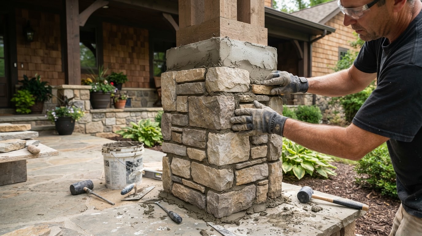 Installing natural stone veneer around a porch support column in Huxley