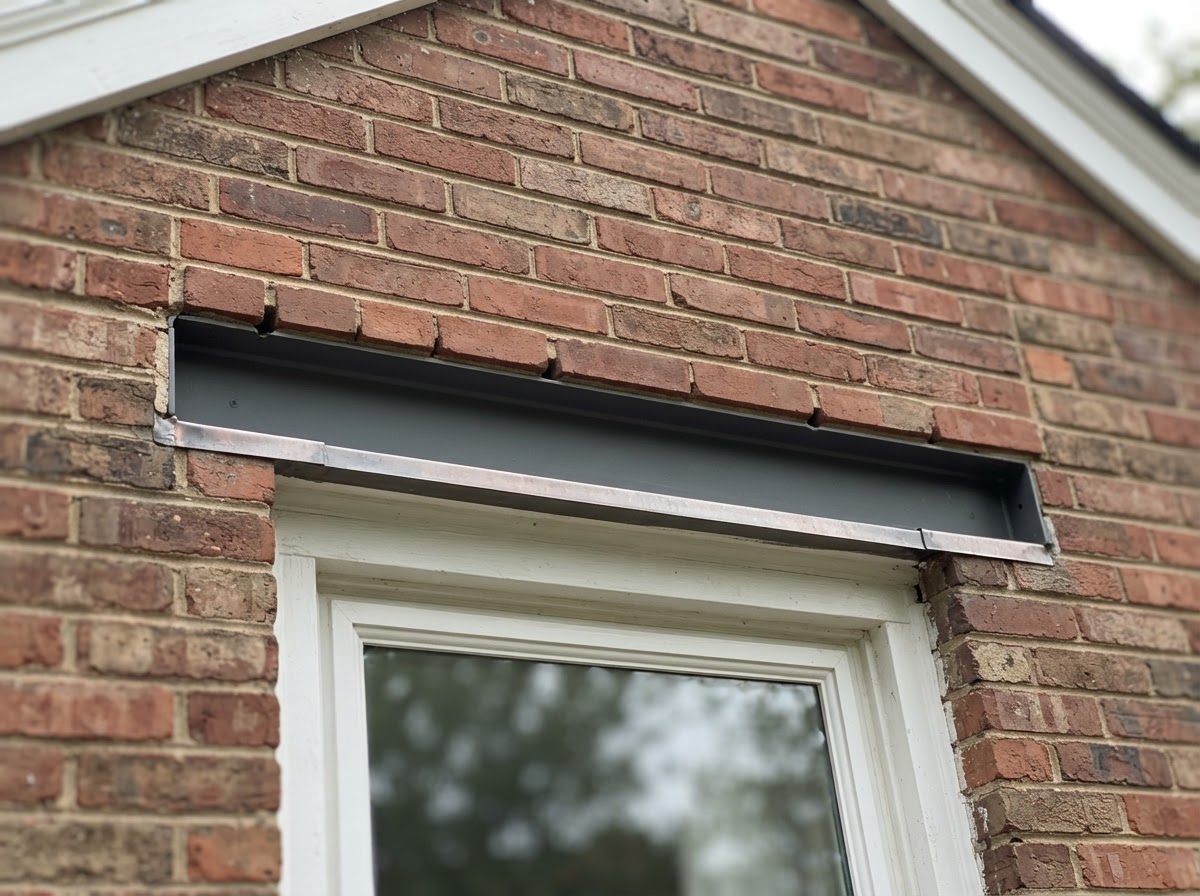 Finished masonry repair above a window opening, showing restored brick veneer with compatible mortar joints